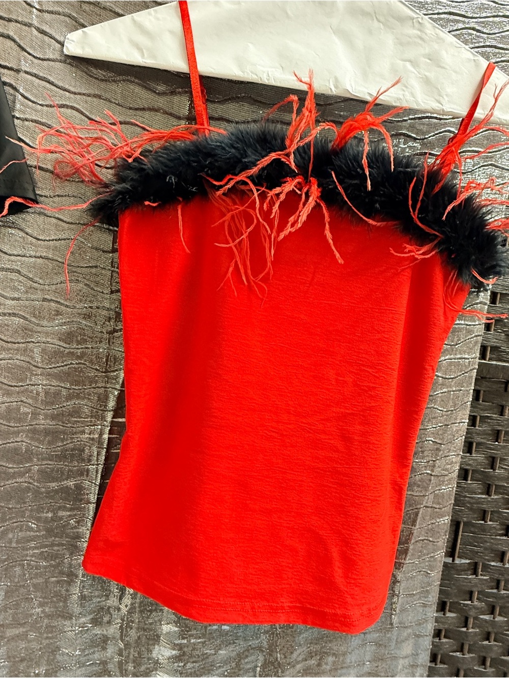 XOXO Red Camisole with Black Feather Trim